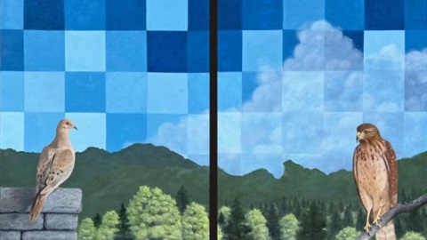 Artwork depicting two birds against a blue checkered sky and mountain landscape