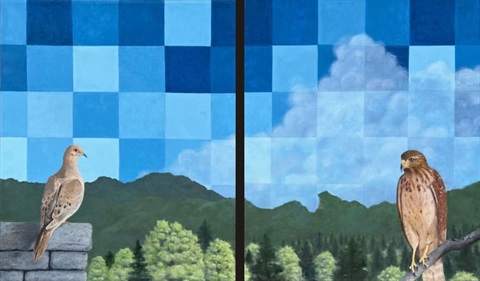Abstract painting of a dove and a hawk